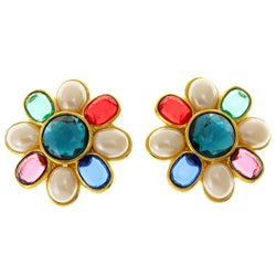 Colorful & Gold-Tone Colored Metal Clip-On-Earrings With Faceted Accents #LQC39