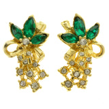 Leaves Ribbons Clip-On-Earrings Faceted Accents Gold-Tone & Green