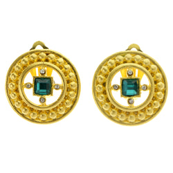 Gold-Tone & Blue Colored Metal Clip-On-Earrings With Faceted Accents #LQC407