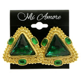 Green & Gold-Tone Colored Metal Clip-On-Earrings With Faceted Accents #LQC412