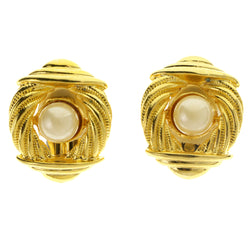 Gold-Tone & White Colored Metal Clip-On-Earrings With Bead Accents #LQC413