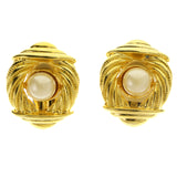 Gold-Tone & White Colored Metal Clip-On-Earrings With Bead Accents #LQC413