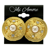 Gold-Tone & White Colored Metal Clip-On-Earrings With Faceted Accents #LQC414