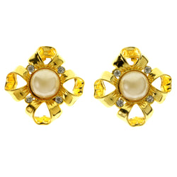 Ribbons Clip-On-Earrings With Faceted Accents Gold-Tone & White Colored #LQC418