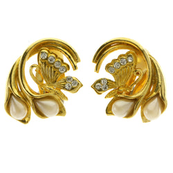 Butterfly Clip-On-Earrings Faceted Accents Gold-Tone & White