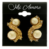 Gold-Tone & White Colored Metal Clip-On-Earrings With Faceted Accents #LQC420
