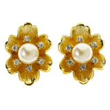 Flowers Clip-On-Earrings With Faceted Accents Gold-Tone & White Colored #LQC421