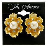 Flowers Clip-On-Earrings With Faceted Accents Gold-Tone & White Colored #LQC421