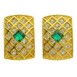 Gold-Tone & Green Colored Metal Clip-On-Earrings With Faceted Accents #LQC424