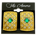 Gold-Tone & Green Colored Metal Clip-On-Earrings With Faceted Accents #LQC424