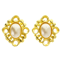 Gold-Tone & White Colored Metal Clip-On-Earrings With Faceted Accents #LQC425