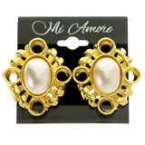 Gold-Tone & White Colored Metal Clip-On-Earrings With Faceted Accents #LQC425