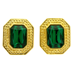 Green & Gold-Tone Colored Metal Clip-On-Earrings With Faceted Accents #LQC431