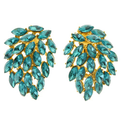 Leaves Clip-On-Earrings With Faceted Accents Blue & Gold-Tone Colored #LQC437