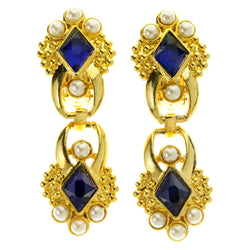 Gold-Tone & Blue Colored Metal Clip-On-Earrings With Faceted Accents #LQC441