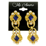 Gold-Tone & Blue Colored Metal Clip-On-Earrings With Faceted Accents #LQC441