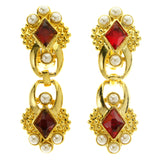 Gold-Tone & Red Colored Metal Clip-On-Earrings With Faceted Accents #LQC442