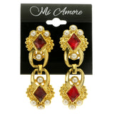 Gold-Tone & Red Colored Metal Clip-On-Earrings With Faceted Accents #LQC442