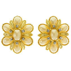 White & Gold-Tone Colored Metal Clip-On-Earrings With Faceted Accents #LQC447