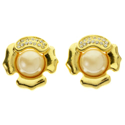 Gold-Tone & White Colored Metal Clip-On-Earrings With Faceted Accents #LQC449