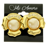 Gold-Tone & White Colored Metal Clip-On-Earrings With Faceted Accents #LQC449