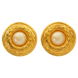 Gold-Tone & White Colored Metal Clip-On-Earrings With Faceted Accents #LQC450