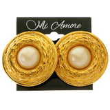 Gold-Tone & White Colored Metal Clip-On-Earrings With Faceted Accents #LQC450