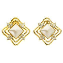 White & Gold-Tone Colored Metal Clip-On-Earrings With Faceted Accents #LQC454