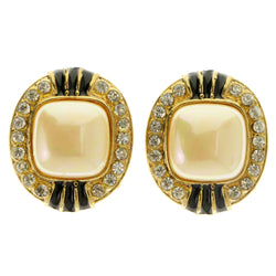 Gold-Tone & Black Colored Metal Clip-On-Earrings With Faceted Accents #LQC458