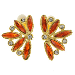 Orange & Gold-Tone Colored Metal Clip-On-Earrings With Crystal Accents #LQC46