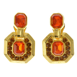 Orange & Gold-Tone Colored Metal Clip-On-Earrings With Faceted Accents #LQC48