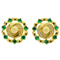 Gold-Tone & Green Colored Metal Clip-On-Earrings With Faceted Accents #LQC494