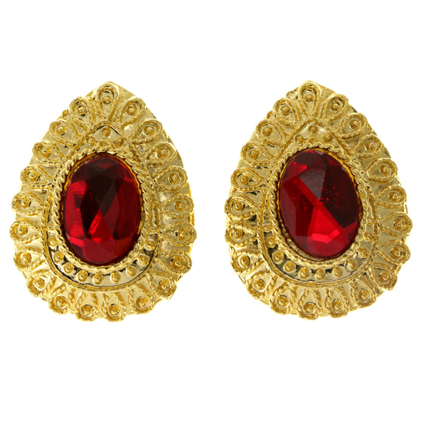Gold-Tone & Red Colored Metal Clip-On-Earrings With Faceted Accents #LQC58