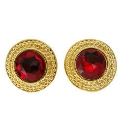 Gold-Tone & Red Colored Metal Clip-On-Earrings With Faceted Accents #LQC59