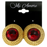 Gold-Tone & Red Colored Metal Clip-On-Earrings With Faceted Accents #LQC59