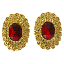 Gold-Tone & Red Colored Metal Clip-On-Earrings With Faceted Accents #LQC65