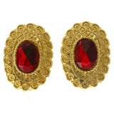 Gold-Tone & Red Colored Metal Clip-On-Earrings With Faceted Accents #LQC65