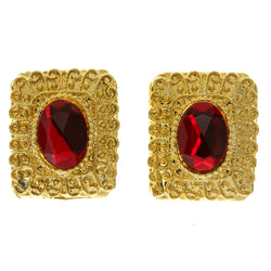 Gold-Tone & Red Colored Metal Clip-On-Earrings With Faceted Accents #LQC72