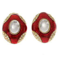 Red & Gold-Tone Colored Metal Clip-On-Earrings With Faceted Accents #LQC81