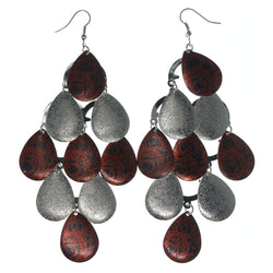 Silver-Tone & Red Colored Metal Chandelier-Earrings