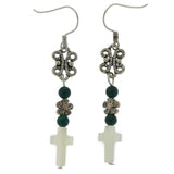 Metal Dangle-Earrings With Bead Accents Silver-Tone & Green