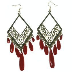 Gold-Tone & Red Colored Metal Dangle-Earrings With Bead Accents