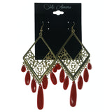 Gold-Tone & Red Colored Metal Dangle-Earrings With Bead Accents