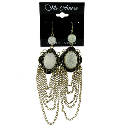 Gold-Tone & White Colored Metal Dangle-Earrings With Stone Accents