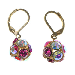 Pink & Gold-Tone Colored Metal Dangle-Earrings With Crystal Accents #LQE1674