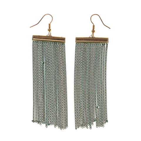 Green & Gold-Tone Colored Metal Dangle-Earrings With tassel Accents #LQE1693