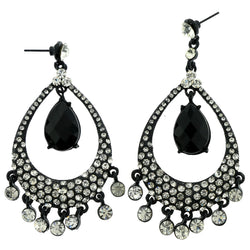 Black & Silver-Tone Colored Metal Dangle-Earrings With Crystal Accents LQE170
