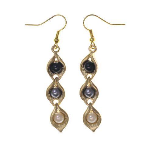 Gold-Tone & Black Colored Metal Dangle-Earrings With Bead Accents #LQE1717