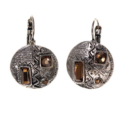 Silver-Tone & Brown Colored Metal Dangle-Earrings With Crystal Accents #LQE1728