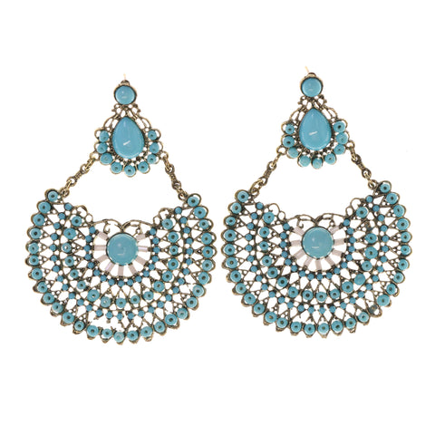 Blue & Gold-Tone Colored Metal Drop-Dangle-Earrings With Bead Accents #LQE1788